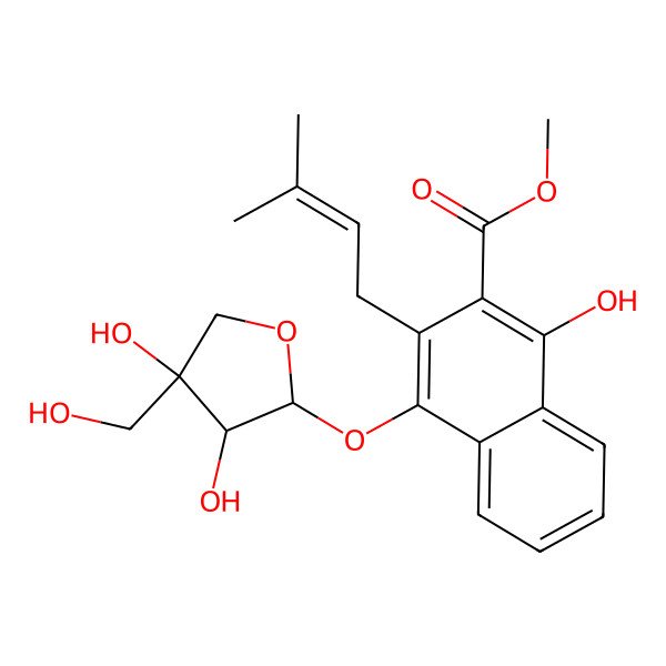 2D Structure of Methyl 4-[3,4-dihydroxy-4-(hydroxymethyl)oxolan-2-yl]oxy-1-hydroxy-3-(3-methylbut-2-enyl)naphthalene-2-carboxylate