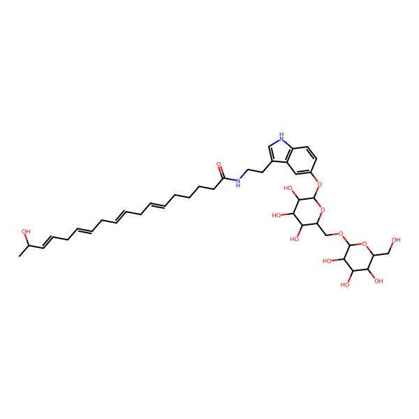 2D Structure of (6Z,9Z,12Z,15Z,17R)-17-hydroxy-N-[2-[5-[(2S,3R,4S,5S,6R)-3,4,5-trihydroxy-6-[[(2R,3R,4S,5S,6R)-3,4,5-trihydroxy-6-(hydroxymethyl)oxan-2-yl]oxymethyl]oxan-2-yl]oxy-1H-indol-3-yl]ethyl]octadeca-6,9,12,15-tetraenamide