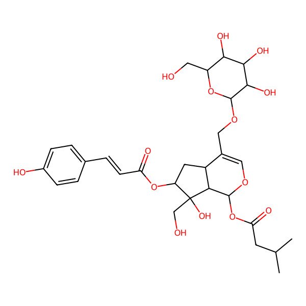 2D Structure of [(1R,4aR,6R,7S,7aR)-7-hydroxy-7-(hydroxymethyl)-6-[(E)-3-(4-hydroxyphenyl)prop-2-enoyl]oxy-4-[[(2S,3S,4R,5R,6S)-3,4,5-trihydroxy-6-(hydroxymethyl)oxan-2-yl]oxymethyl]-4a,5,6,7a-tetrahydro-1H-cyclopenta[c]pyran-1-yl] 3-methylbutanoate