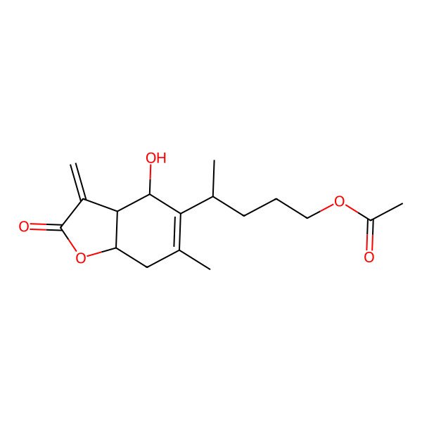 2D Structure of 4-[(3aR,7aS)-4-hydroxy-6-methyl-3-methylidene-2-oxo-3a,4,7,7a-tetrahydro-1-benzofuran-5-yl]pentyl acetate