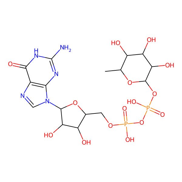 2D Structure of [[(2S,3S,4R,5S)-5-(2-amino-6-oxo-1H-purin-9-yl)-3,4-dihydroxyoxolan-2-yl]methoxy-hydroxyphosphoryl] [(2S,3S,4R,5S,6S)-3,4,5-trihydroxy-6-methyloxan-2-yl] hydrogen phosphate
