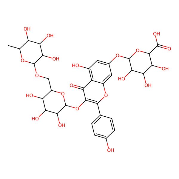2D Structure of (2S,3S,4S,5R,6S)-3,4,5-trihydroxy-6-[5-hydroxy-2-(4-hydroxyphenyl)-4-oxo-3-[(2R,3S,4R,5R,6S)-3,4,5-trihydroxy-6-[[(2S,3S,4S,5S,6R)-3,4,5-trihydroxy-6-methyloxan-2-yl]oxymethyl]oxan-2-yl]oxychromen-7-yl]oxyoxane-2-carboxylic acid