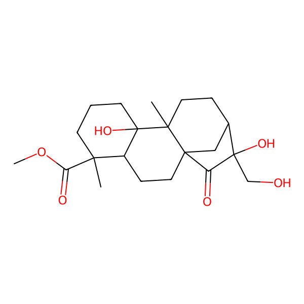 2D Structure of methyl (1R,4R,5R,9S,10S,13R,14R)-9,14-dihydroxy-14-(hydroxymethyl)-5,10-dimethyl-15-oxotetracyclo[11.2.1.01,10.04,9]hexadecane-5-carboxylate