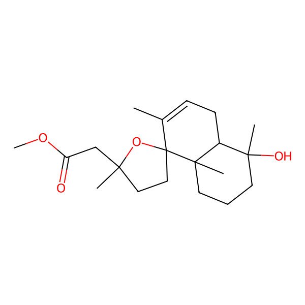2D Structure of methyl 2-(4-hydroxy-2',4,7,8a-tetramethylspiro[2,3,4a,5-tetrahydro-1H-naphthalene-8,5'-oxolane]-2'-yl)acetate