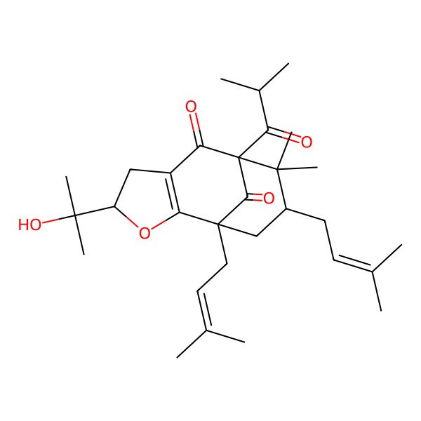 2D Structure of (1S,4S,8S,10R)-4-(2-hydroxypropan-2-yl)-9,9-dimethyl-1,10-bis(3-methylbut-2-enyl)-8-(2-methylpropanoyl)-3-oxatricyclo[6.3.1.02,6]dodec-2(6)-ene-7,12-dione