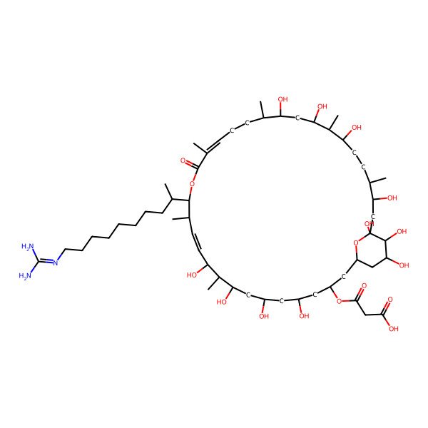 2D Structure of 3-[[15-[10-(Diaminomethylideneamino)decan-2-yl]-5,7,9,11,23,25,27,31,33,34,35-undecahydroxy-10,14,18,22,26,30-hexamethyl-17-oxo-16,37-dioxabicyclo[31.3.1]heptatriaconta-12,18-dien-3-yl]oxy]-3-oxopropanoic acid