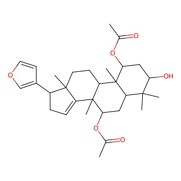 2D Structure of [(1S,3R,5S,7R,8R,9R,10S,13S,17R)-1-acetyloxy-17-(furan-3-yl)-3-hydroxy-4,4,8,10,13-pentamethyl-2,3,5,6,7,9,11,12,16,17-decahydro-1H-cyclopenta[a]phenanthren-7-yl] acetate