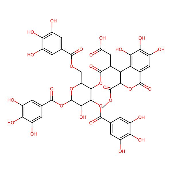 2D Structure of (3S)-4-[(2R,4R,5R,6S)-5-hydroxy-4,6-bis[(3,4,5-trihydroxybenzoyl)oxy]-2-[(3,4,5-trihydroxybenzoyl)oxymethyl]oxan-3-yl]oxy-4-oxo-3-[(3S,4S)-5,6,7-trihydroxy-3-methoxycarbonyl-1-oxo-3,4-dihydroisochromen-4-yl]butanoic acid