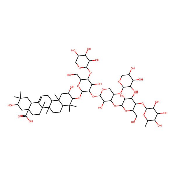 2D Structure of (3S,4aR,6aR,6aS,6bR,8aR,10R,11R,12aR,14bS)-10-[(2R,3R,4S,5S,6R)-3-[(2S,3R,4R,5R)-4-[(2S,3R,4R,5S,6R)-3,4-dihydroxy-6-(hydroxymethyl)-5-[(2S,3R,4R,5R,6S)-3,4,5-trihydroxy-6-methyloxan-2-yl]oxyoxan-2-yl]oxy-3-hydroxy-5-[(2S,3R,4S,5S)-3,4,5-trihydroxyoxan-2-yl]oxyoxan-2-yl]oxy-4-hydroxy-6-(hydroxymethyl)-5-[(2S,3R,4S,5R)-3,4,5-trihydroxyoxan-2-yl]oxyoxan-2-yl]oxy-3,11-dihydroxy-2,2,6a,6b,9,9,12a-heptamethyl-1,3,4,5,6,6a,7,8,8a,10,11,12,13,14b-tetradecahydropicene-4a-carboxylic acid