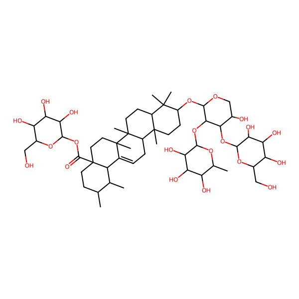 2D Structure of [(2S,3R,4S,5S,6R)-3,4,5-trihydroxy-6-(hydroxymethyl)oxan-2-yl] (1S,2R,4aS,6aR,6aS,6bR,8aR,10S,12aR,14bS)-10-[(2S,3R,4S,5S)-5-hydroxy-4-[(2S,3R,4S,5S,6R)-3,4,5-trihydroxy-6-(hydroxymethyl)oxan-2-yl]oxy-3-[(2S,3R,4R,5R,6S)-3,4,5-trihydroxy-6-methyloxan-2-yl]oxyoxan-2-yl]oxy-1,2,6a,6b,9,9,12a-heptamethyl-2,3,4,5,6,6a,7,8,8a,10,11,12,13,14b-tetradecahydro-1H-picene-4a-carboxylate