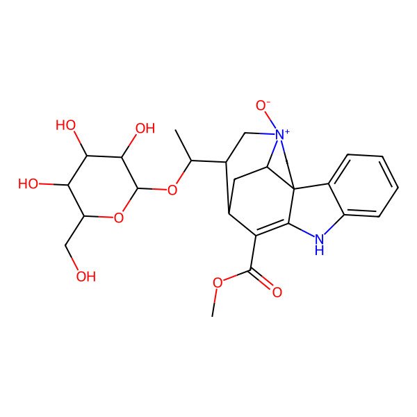 2D Structure of methyl (1R,11S,12S,14R,17S)-14-oxido-12-[(1S)-1-[(2R,3R,4S,5S,6R)-3,4,5-trihydroxy-6-(hydroxymethyl)oxan-2-yl]oxyethyl]-8-aza-14-azoniapentacyclo[9.5.2.01,9.02,7.014,17]octadeca-2,4,6,9-tetraene-10-carboxylate