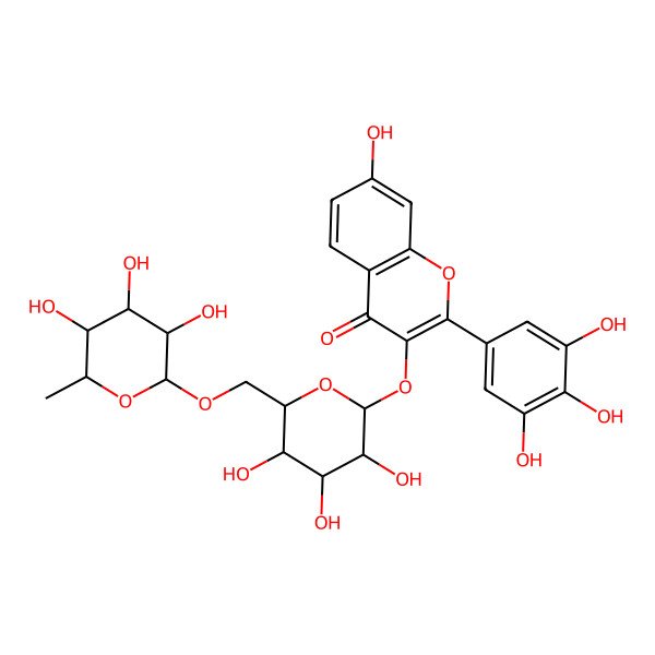 2D Structure of 7-hydroxy-2-(3,4,5-trihydroxyphenyl)-3-[(2S,3R,4S,5S,6R)-3,4,5-trihydroxy-6-[[(2R,3S,4R,5R,6R)-3,4,5-trihydroxy-6-methyloxan-2-yl]oxymethyl]oxan-2-yl]oxychromen-4-one