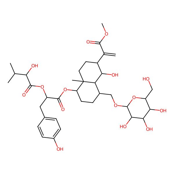 2D Structure of [1-[[(1R,4aR,5S,6R,8aS)-5-hydroxy-6-(3-methoxy-3-oxoprop-1-en-2-yl)-8a-methyl-4-[[(2R,4S,5S,6S)-3,4,5-trihydroxy-6-(hydroxymethyl)oxan-2-yl]oxymethyl]-2,3,4,4a,5,6,7,8-octahydro-1H-naphthalen-1-yl]oxy]-3-(4-hydroxyphenyl)-1-oxopropan-2-yl] 2-hydroxy-3-methylbutanoate