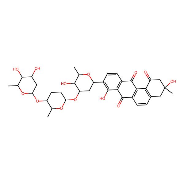 2D Structure of (3R)-9-[(2S,4R,5S,6R)-4-[(2S,5S,6S)-5-[(2S,4R,5S,6R)-4,5-dihydroxy-6-methyloxan-2-yl]oxy-6-methyloxan-2-yl]oxy-5-hydroxy-6-methyloxan-2-yl]-3,8-dihydroxy-3-methyl-2,4-dihydrobenzo[a]anthracene-1,7,12-trione