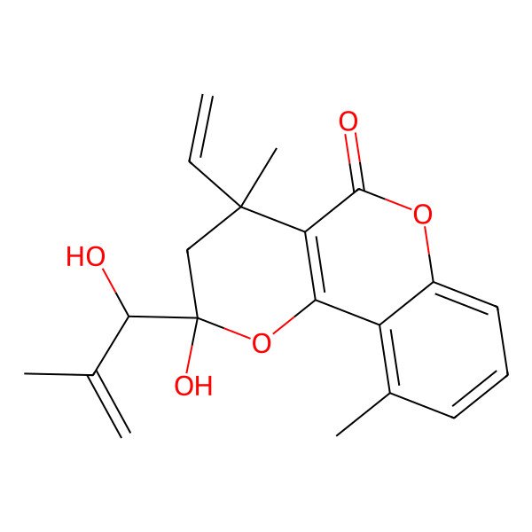 2D Structure of (2R,4S)-4-ethenyl-2-hydroxy-2-[(1R)-1-hydroxy-2-methylprop-2-enyl]-4,10-dimethyl-3H-pyrano[3,2-c]chromen-5-one