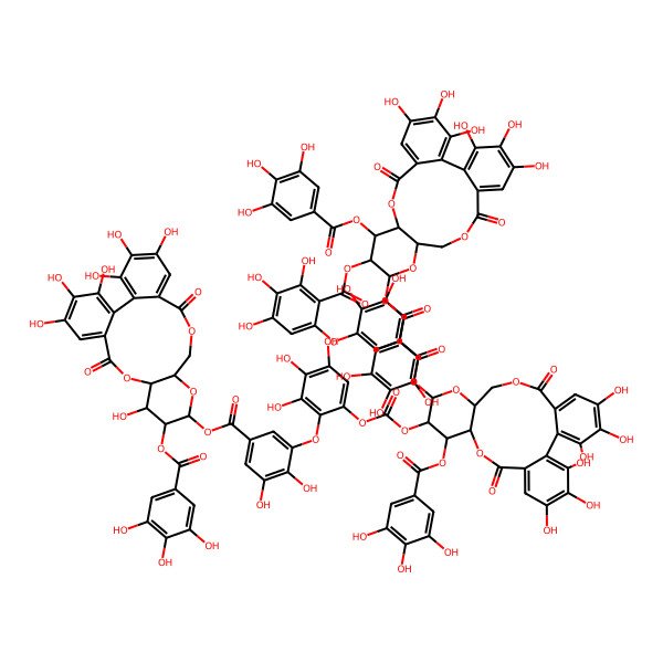 2D Structure of [(10S,11R,12S,13R,15R)-3,4,5,21,22,23-hexahydroxy-8,18-dioxo-11,13-bis[(3,4,5-trihydroxybenzoyl)oxy]-9,14,17-trioxatetracyclo[17.4.0.02,7.010,15]tricosa-1(23),2,4,6,19,21-hexaen-12-yl] 6-[5-[[(10S,11S,12S,13R,15R)-12-[2-[5-[[(10S,11S,12R,13S,15R)-3,4,5,11,21,22,23-heptahydroxy-8,18-dioxo-12-(3,4,5-trihydroxybenzoyl)oxy-9,14,17-trioxatetracyclo[17.4.0.02,7.010,15]tricosa-1(23),2,4,6,19,21-hexaen-13-yl]oxycarbonyl]-2,3-dihydroxyphenoxy]-3,4,5-trihydroxyphenoxy]carbonyloxy-3,4,5,21,22,23-hexahydroxy-8,18-dioxo-11-(3,4,5-trihydroxybenzoyl)oxy-9,14,17-trioxatetracyclo[17.4.0.02,7.010,15]tricosa-1(23),2,4,6,19,21-hexaen-13-yl]oxycarbonyl]-2,3-dihydroxyphenoxy]-2,3,4-trihydroxybenzoate