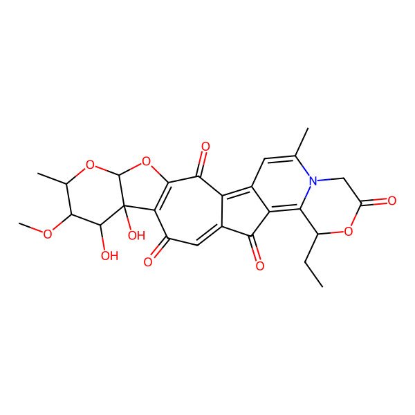2D Structure of 18-Ethyl-9,10-dihydroxy-8-methoxy-7,23-dimethyl-4,6,19-trioxa-22-azahexacyclo[12.11.0.03,11.05,10.016,25.017,22]pentacosa-1(25),3(11),13,16,23-pentaene-2,12,15,20-tetrone