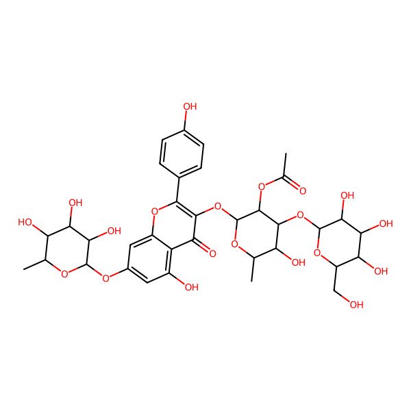 2D Structure of [(2S,3R,4R,5S,6S)-5-hydroxy-2-[5-hydroxy-2-(4-hydroxyphenyl)-4-oxo-7-[(2S,3R,4R,5R,6S)-3,4,5-trihydroxy-6-methyloxan-2-yl]oxychromen-3-yl]oxy-6-methyl-4-[(2S,3R,4S,5S,6R)-3,4,5-trihydroxy-6-(hydroxymethyl)oxan-2-yl]oxyoxan-3-yl] acetate