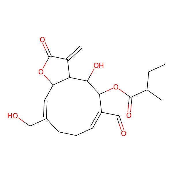 2D Structure of [(3aR,4S,5S,6E,10E,11aR)-6-formyl-4-hydroxy-10-(hydroxymethyl)-3-methylidene-2-oxo-3a,4,5,8,9,11a-hexahydrocyclodeca[b]furan-5-yl] 2-methylbutanoate