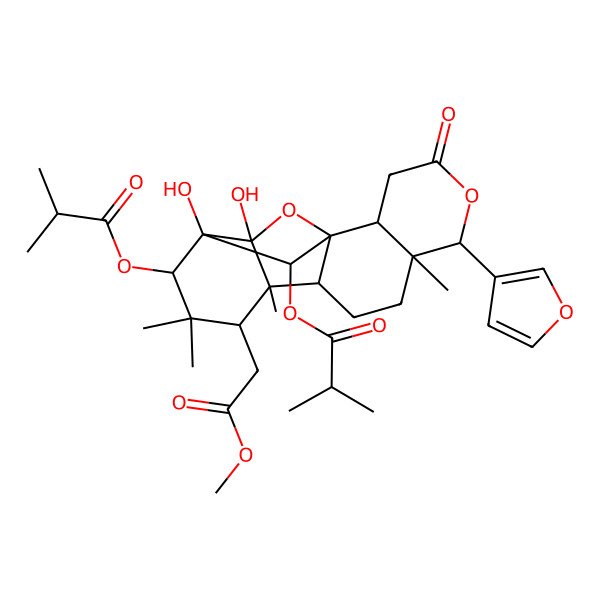 2D Structure of [6-(Furan-3-yl)-15,16-dihydroxy-12-(2-methoxy-2-oxoethyl)-7,11,13,13-tetramethyl-18-(2-methylpropanoyloxy)-4-oxo-5,17-dioxapentacyclo[13.2.1.01,10.02,7.011,16]octadecan-14-yl] 2-methylpropanoate