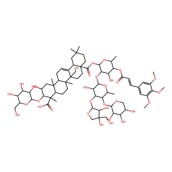 2D Structure of 8a-[(2S,3R,4S,5R,6R)-3-[(2S,3R,4S,5S,6S)-4-[(2S,3R,4R)-3,4-dihydroxy-4-(hydroxymethyl)oxolan-2-yl]oxy-3-hydroxy-6-methyl-5-[(2S,3R,4S,5R)-3,4,5-trihydroxyoxan-2-yl]oxyoxan-2-yl]oxy-4-hydroxy-6-methyl-5-[(E)-3-(3,4,5-trimethoxyphenyl)prop-2-enoyl]oxyoxan-2-yl]oxycarbonyl-2-hydroxy-6b-(hydroxymethyl)-4,6a,11,11,14b-pentamethyl-3-[(2R,3R,4S,5S,6R)-3,4,5-trihydroxy-6-(hydroxymethyl)oxan-2-yl]oxy-1,2,3,4a,5,6,7,8,9,10,12,12a,14,14a-tetradecahydropicene-4-carboxylic acid