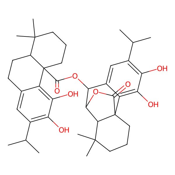 2D Structure of (3,4-Dihydroxy-11,11-dimethyl-15-oxo-5-propan-2-yl-16-oxatetracyclo[7.5.2.01,10.02,7]hexadeca-2,4,6-trien-8-yl) 5,6-dihydroxy-1,1-dimethyl-7-propan-2-yl-2,3,4,9,10,10a-hexahydrophenanthrene-4a-carboxylate