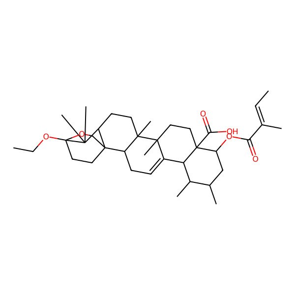2D Structure of (1S,2S,6S,7S,8R,10R,11S,14S,15R,18R,20S)-20-ethoxy-7,8,14,15,19,19-hexamethyl-10-[(Z)-2-methylbut-2-enoyl]oxy-21-oxahexacyclo[18.2.2.01,18.02,15.05,14.06,11]tetracos-4-ene-11-carboxylic acid