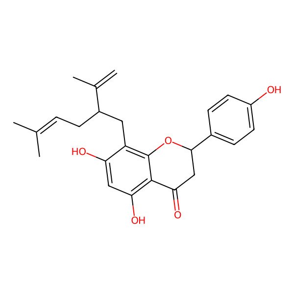 2D Structure of (2S)-5,7-dihydroxy-2-(4-hydroxyphenyl)-8-[(2S)-5-methyl-2-prop-1-en-2-ylhex-4-enyl]-2,3-dihydrochromen-4-one