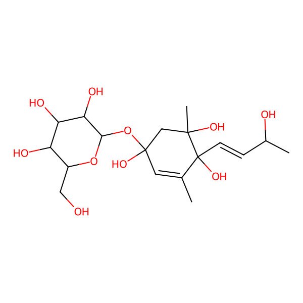 2D Structure of (2R,3S,4S,5R,6S)-2-(hydroxymethyl)-6-[(1R,4S,5R)-1,4,5-trihydroxy-4-[(E,3S)-3-hydroxybut-1-enyl]-3,5-dimethylcyclohex-2-en-1-yl]oxyoxane-3,4,5-triol