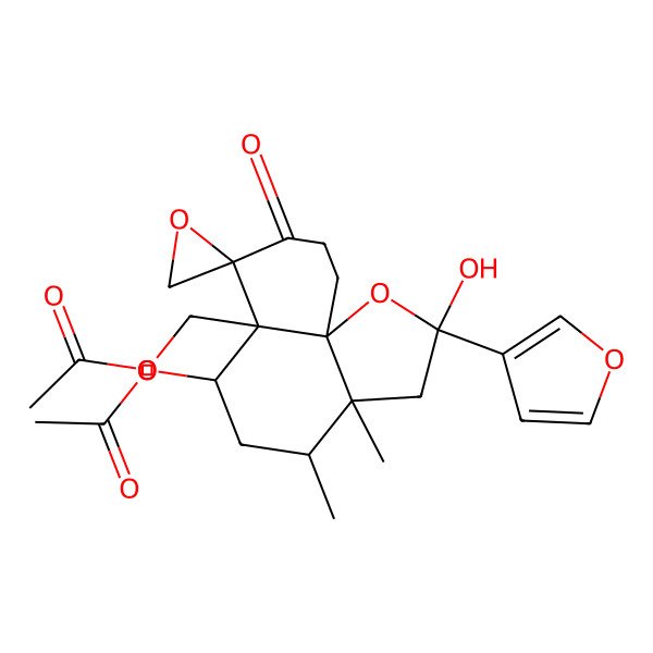 2D Structure of [6-Acetyloxy-2-(furan-3-yl)-2-hydroxy-3a,4-dimethyl-8-oxospiro[3,4,5,6,9,10-hexahydrobenzo[h][1]benzofuran-7,2'-oxirane]-6a-yl]methyl acetate