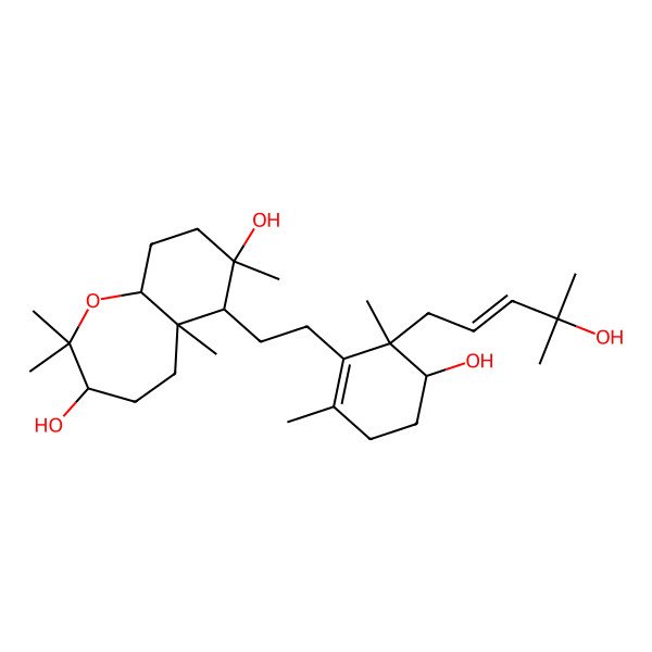 2D Structure of 6-[2-[5-hydroxy-6-(4-hydroxy-4-methylpent-2-enyl)-2,6-dimethylcyclohexen-1-yl]ethyl]-2,2,5a,7-tetramethyl-4,5,6,8,9,9a-hexahydro-3H-benzo[b]oxepine-3,7-diol