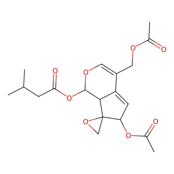 2D Structure of [(1R,6S,7R,7aR)-6-acetyloxy-4-(acetyloxymethyl)spiro[6,7a-dihydro-1H-cyclopenta[c]pyran-7,2'-oxirane]-1-yl] 3-methylbutanoate