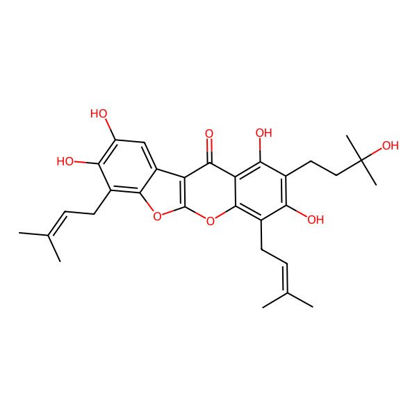 2D Structure of 1,3,8,9-Tetrahydroxy-2-(3-hydroxy-3-methylbutyl)-4,7-bis(3-methylbut-2-enyl)-[1]benzofuro[2,3-b]chromen-11-one