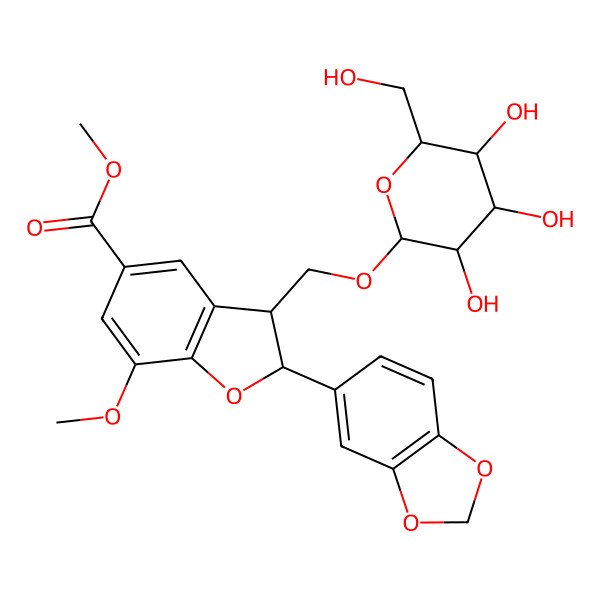2D Structure of methyl (2S,3R)-2-(1,3-benzodioxol-5-yl)-7-methoxy-3-[[(2R,3R,4S,5S,6R)-3,4,5-trihydroxy-6-(hydroxymethyl)oxan-2-yl]oxymethyl]-2,3-dihydro-1-benzofuran-5-carboxylate