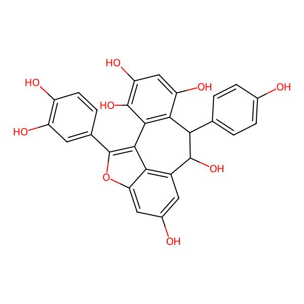2D Structure of Benzo(6,7)cycloheptal(1,2,3-cd)benzofuran-4,6,8-10,11-pentol, 1-(3,4-dihydroxyphenyl)-6,7-dihydro-7-(4-hydroxyphenyl)-, cis-(-)