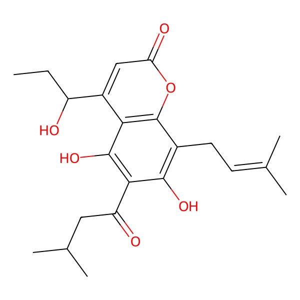 2D Structure of 5,7-Dihydroxy-4-(1-hydroxypropyl)-8-(3-methyl-2-butenyl)-6-(3-methyl-1-oxobutyl)-2 h-1-benzopyran-2-one