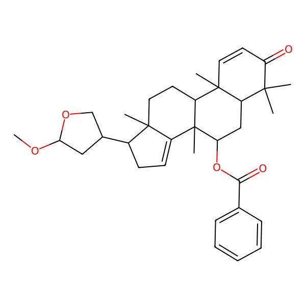 2D Structure of [17-(5-Methoxyoxolan-3-yl)-4,4,8,10,13-pentamethyl-3-oxo-5,6,7,9,11,12,16,17-octahydrocyclopenta[a]phenanthren-7-yl] benzoate