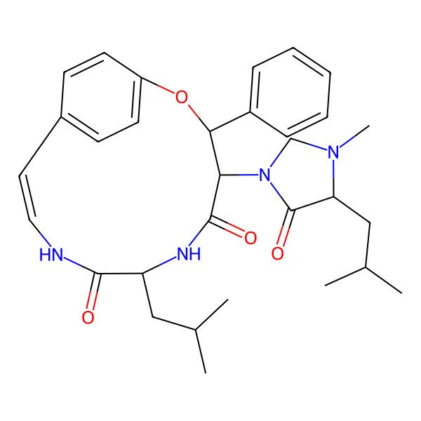 2D Structure of (3S,4S,7R,10Z)-4-[(4S)-3-methyl-4-(2-methylpropyl)-5-oxoimidazolidin-1-yl]-7-(2-methylpropyl)-3-phenyl-2-oxa-6,9-diazabicyclo[10.2.2]hexadeca-1(14),10,12,15-tetraene-5,8-dione