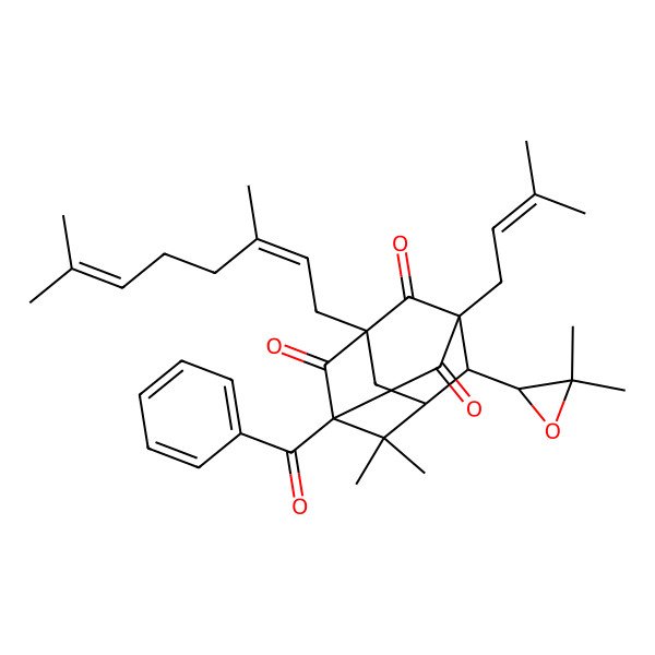 2D Structure of (1S,3R,5S,7S,8R)-5-benzoyl-3-[(2E)-3,7-dimethylocta-2,6-dienyl]-8-[(2S)-3,3-dimethyloxiran-2-yl]-6,6-dimethyl-1-(3-methylbut-2-enyl)adamantane-2,4,9-trione