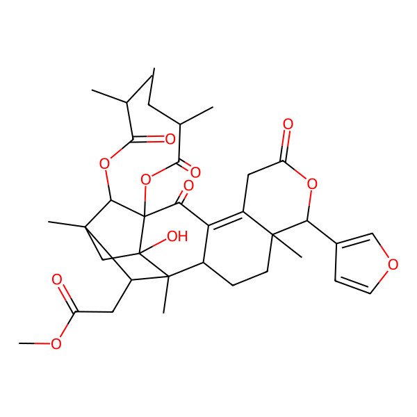 2D Structure of [6-(Furan-3-yl)-17-hydroxy-18-(2-methoxy-2-oxoethyl)-1,5,15-trimethyl-14-(2-methylpropanoyloxy)-8,12-dioxo-7-oxapentacyclo[13.2.1.02,11.05,10.013,17]octadec-10-en-13-yl] 2-methylbutanoate