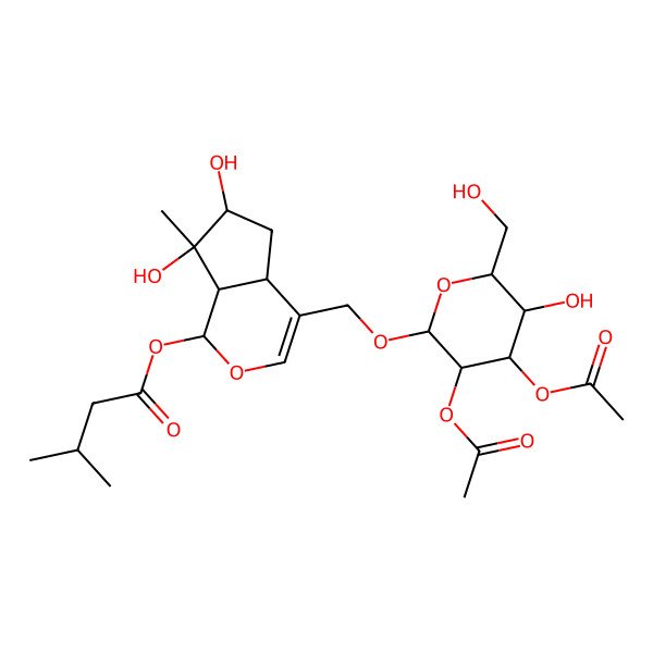 2D Structure of [(1S,4aS,6S,7S,7aS)-4-[[(2R,3R,4S,5R,6R)-3,4-diacetyloxy-5-hydroxy-6-(hydroxymethyl)oxan-2-yl]oxymethyl]-6,7-dihydroxy-7-methyl-4a,5,6,7a-tetrahydro-1H-cyclopenta[c]pyran-1-yl] 3-methylbutanoate