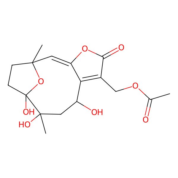 2D Structure of [(1R,2E,8S,10R,11S)-8,10,11-trihydroxy-1,10-dimethyl-5-oxo-4,14-dioxatricyclo[9.2.1.03,7]tetradeca-2,6-dien-6-yl]methyl acetate