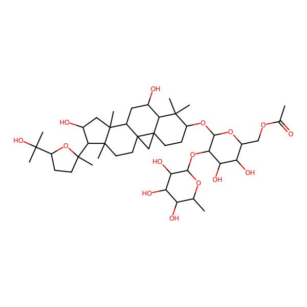 2D Structure of [6-[[9,14-Dihydroxy-15-[5-(2-hydroxypropan-2-yl)-2-methyloxolan-2-yl]-7,7,12,16-tetramethyl-6-pentacyclo[9.7.0.01,3.03,8.012,16]octadecanyl]oxy]-3,4-dihydroxy-5-(3,4,5-trihydroxy-6-methyloxan-2-yl)oxyoxan-2-yl]methyl acetate
