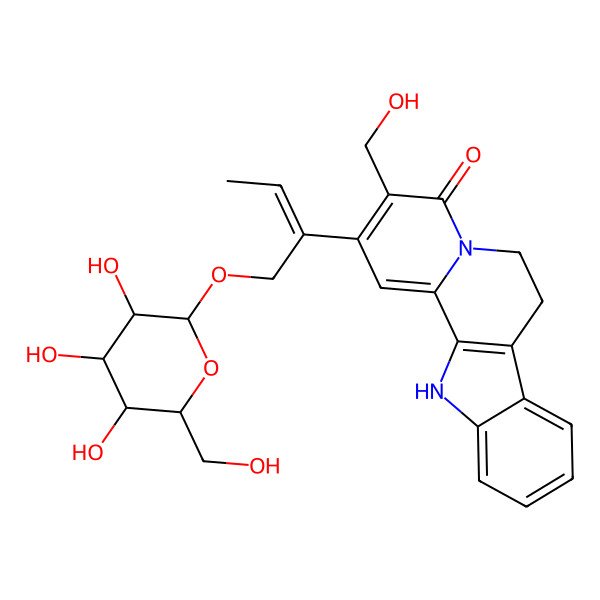 2D Structure of 3-(hydroxymethyl)-2-[1-[3,4,5-trihydroxy-6-(hydroxymethyl)oxan-2-yl]oxybut-2-en-2-yl]-7,12-dihydro-6H-indolo[2,3-a]quinolizin-4-one