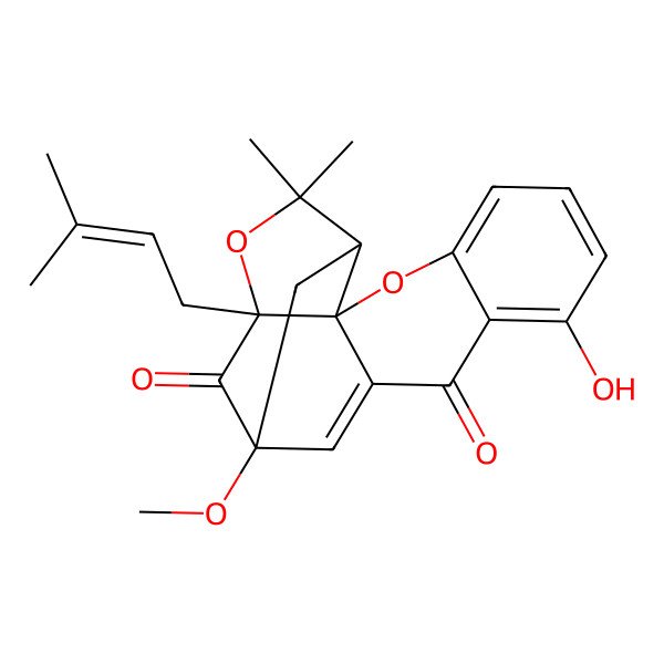 2D Structure of (1S,2S,13R)-8-hydroxy-13-methoxy-17,17-dimethyl-15-(3-methylbut-2-enyl)-3,16-dioxapentacyclo[11.4.1.02,11.02,15.04,9]octadeca-4,6,8,11-tetraene-10,14-dione
