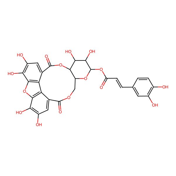 2D Structure of [(8S,9R,10R,11S,13R)-2,3,9,10,19,20-hexahydroxy-6,16-dioxo-7,12,15,24-tetraoxapentacyclo[19.2.1.05,23.08,13.017,22]tetracosa-1(23),2,4,17,19,21-hexaen-11-yl] (E)-3-(3,4-dihydroxyphenyl)prop-2-enoate