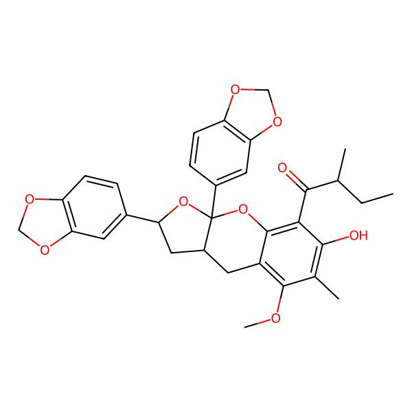 2D Structure of (2R)-1-[(2S,3aS,9aR)-2,9a-bis(1,3-benzodioxol-5-yl)-7-hydroxy-5-methoxy-6-methyl-2,3,3a,4-tetrahydrofuro[2,3-b]chromen-8-yl]-2-methylbutan-1-one