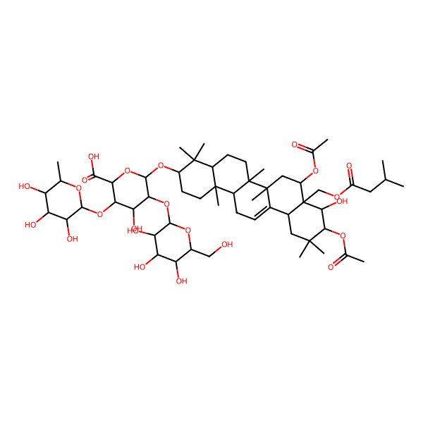 2D Structure of (2S,3S,4S,5R,6R)-6-[[(3S,4aR,6aR,6bS,8R,8aS,9R,10R,12aS,14aR,14bR)-8,10-diacetyloxy-9-hydroxy-4,4,6a,6b,11,11,14b-heptamethyl-8a-(3-methylbutanoyloxymethyl)-1,2,3,4a,5,6,7,8,9,10,12,12a,14,14a-tetradecahydropicen-3-yl]oxy]-4-hydroxy-5-[(2S,3R,4S,5R,6R)-3,4,5-trihydroxy-6-(hydroxymethyl)oxan-2-yl]oxy-3-[(2S,3R,4R,5R,6S)-3,4,5-trihydroxy-6-methyloxan-2-yl]oxyoxane-2-carboxylic acid