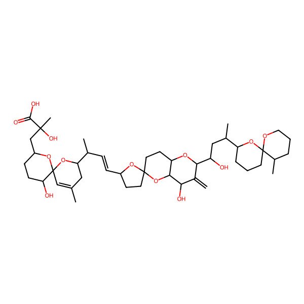 2D Structure of 2-hydroxy-3-{5-hydroxy-8-[(3E)-4-[8'-hydroxy-6'-(1-hydroxy-3-{11-methyl-1,7-dioxaspiro[5.5]undecan-2-yl}butyl)-7'-methylidene-hexahydro-3'H-spiro[oxolane-2,2'-pyrano[3,2-b]pyran]-5-yl]but-3-en-2-yl]-10-methyl-1,7-dioxaspiro[5.5]undec-10-en-2-yl}-2-methylpropanoic acid