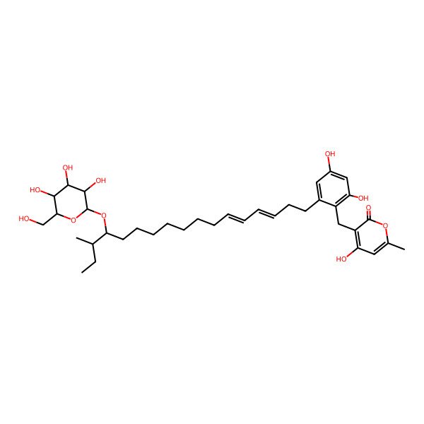 2D Structure of 3-[[2,4-Dihydroxy-6-[15-methyl-14-[3,4,5-trihydroxy-6-(hydroxymethyl)oxan-2-yl]oxyheptadeca-3,5-dienyl]phenyl]methyl]-4-hydroxy-6-methylpyran-2-one